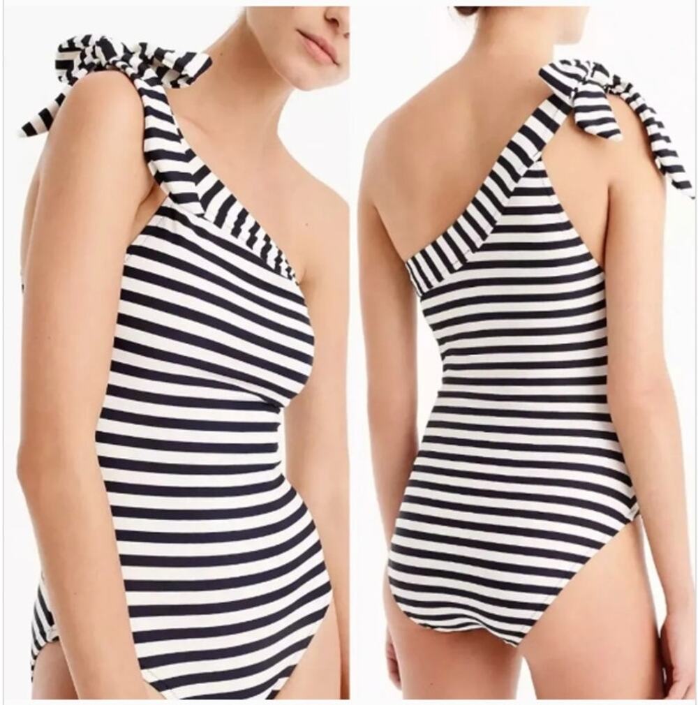 J. Crew Women's Size 16 One-Piece One-Shoulder Swimsuit Navy Blue & White